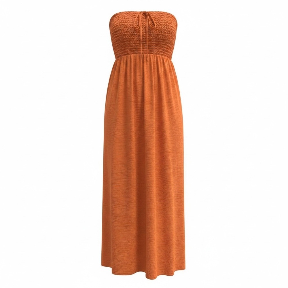 No Boundaries Burnt Orange Crochet Bodice Strapless Maxi Dress XS Boho Beach